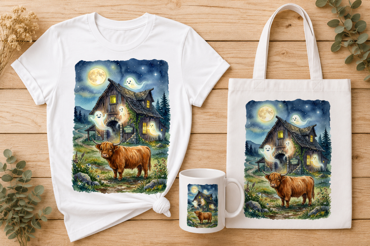 Highland Cow Haunted Barn Full Moon Halloween Art