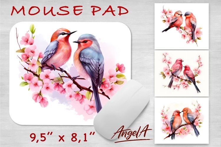 Flowers Mouse pad sublimation, bird on branches, pink flower example image 1