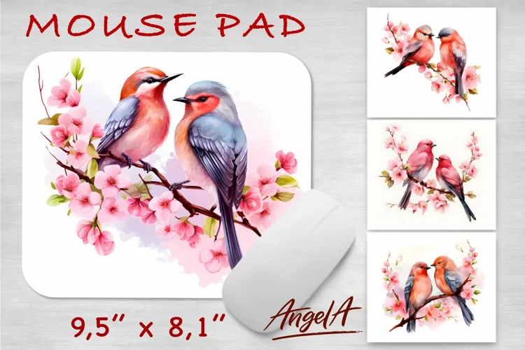 Flowers Mouse pad sublimation, bird on branches, pink flower