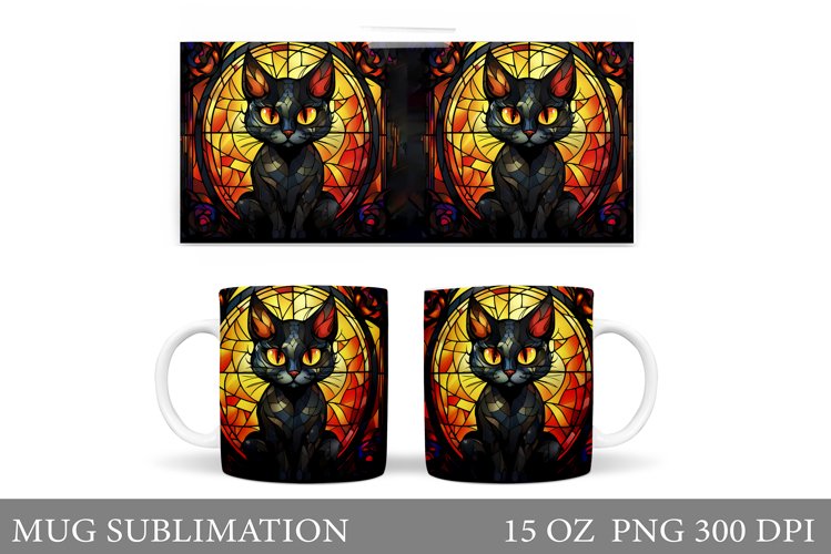 Halloween Cat Mug Design. Stained Glass Cat Mug Sublimation example image 1