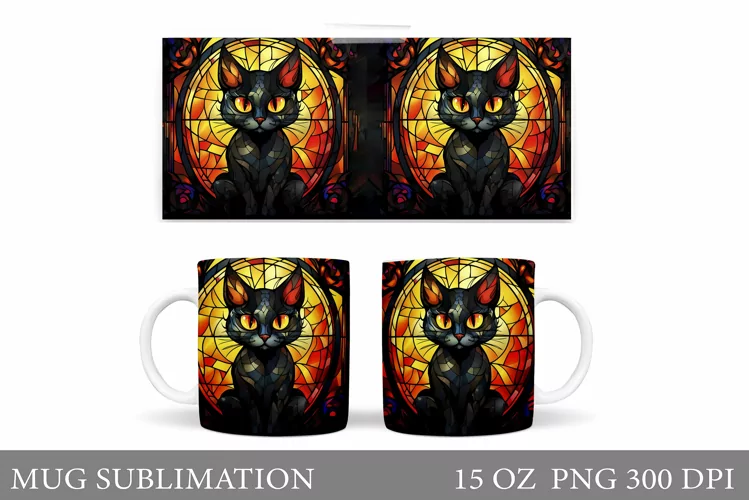 Halloween Cat Mug Design. Stained Glass Cat Mug Sublimation