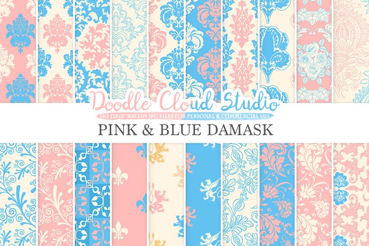 Pink and Blue Damask digital paper, Swirls patterns, Digital Floral Damask, Soft Blue and Pink backgrounds for Personal & Commercial Use example image 1