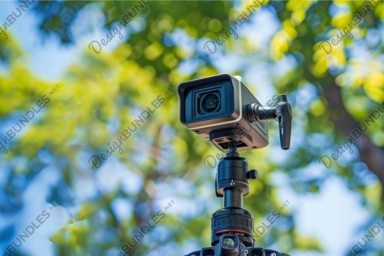 Professional digital camera on tripod recording video outdoo
