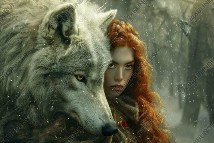 Mystical redhead woman with majestic wolf example image 1