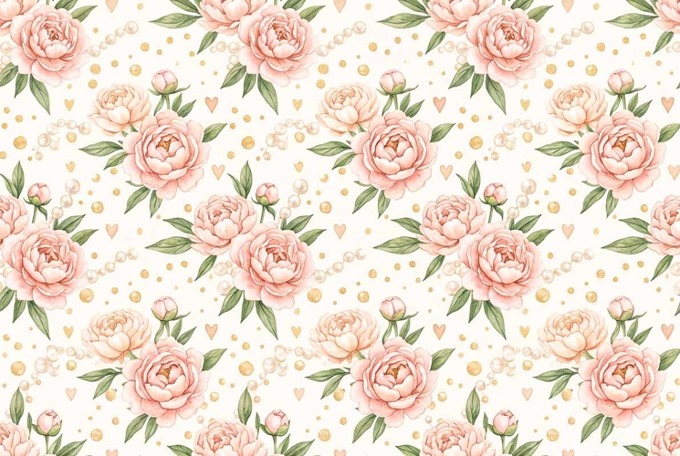 Watercolor seamless pattern with blush peonies, ivory pearls