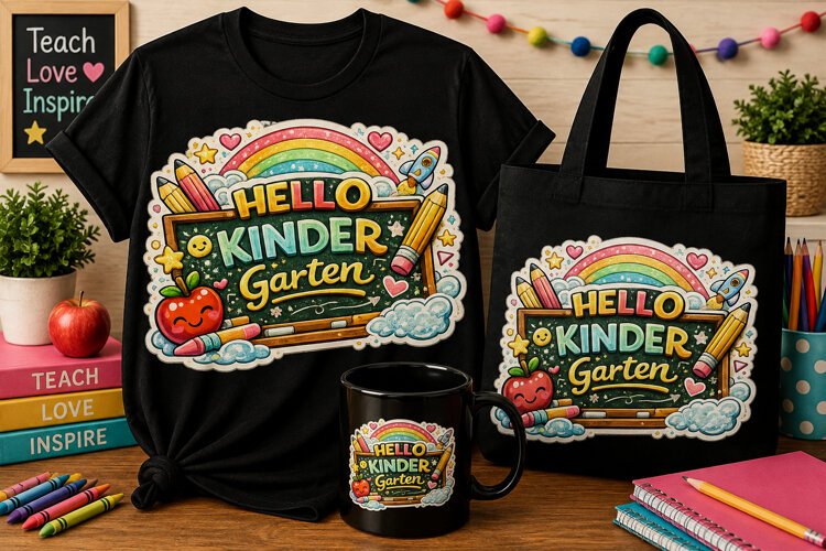 Hello Kindergarten PNG | Back to School Sublimation Design example image 1