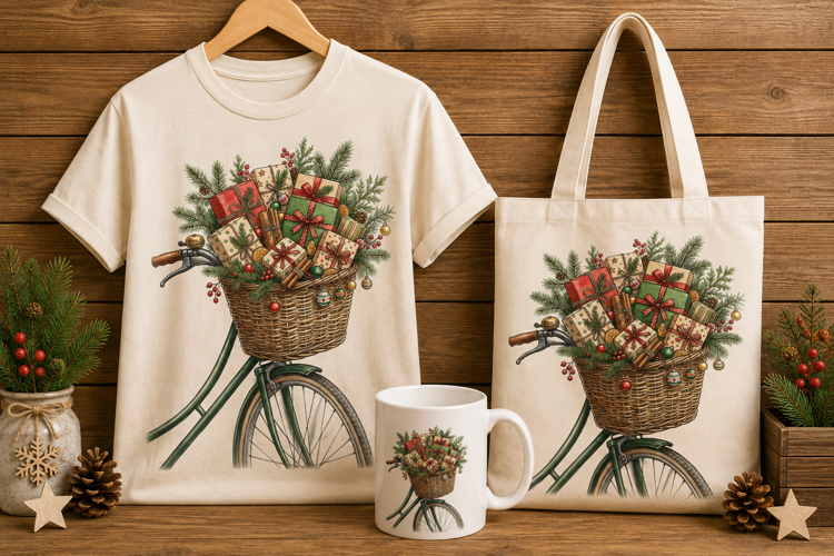 Christmas Bicycle Basket Overflowing With Gifts Art