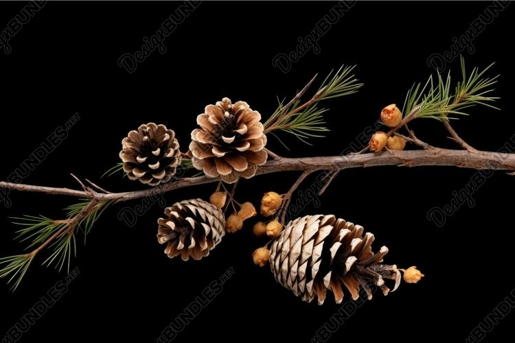 Pine branch with cones on black background