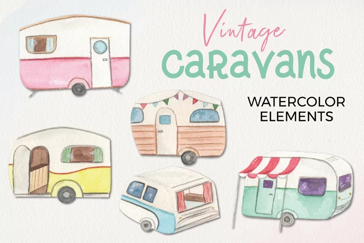 Vintage Caravans Transport Watercolors Clipart Elements