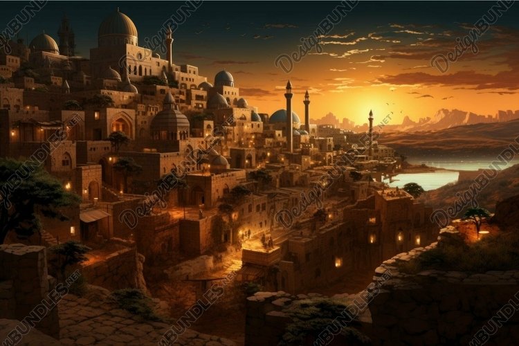 Majestic sunset over an ancient fantasy city example image 1