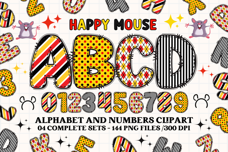 Happy Mouse Alphabet Clipart, happy mouse letters doodle