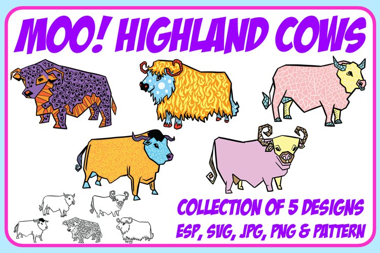 Highland Cow Cartoon Collection PNG, JPG, ESP, Pattern, SVG example image 1