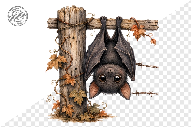 Adorable Bat Hanging on Wooden Post Clipart PNG