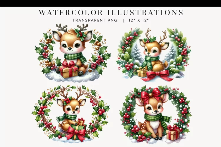 Adorable Watercolor Deer Christmas Clipart Illustrations