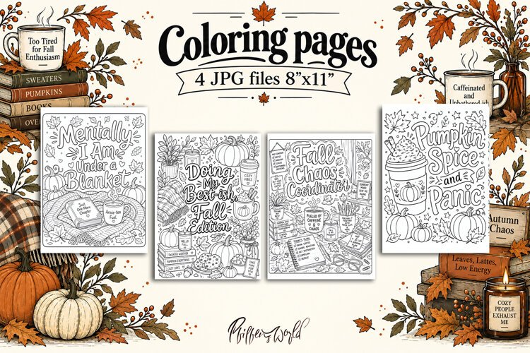 Funny Fall Adult Coloring Pages | Cozy Fall Black and White example image 1