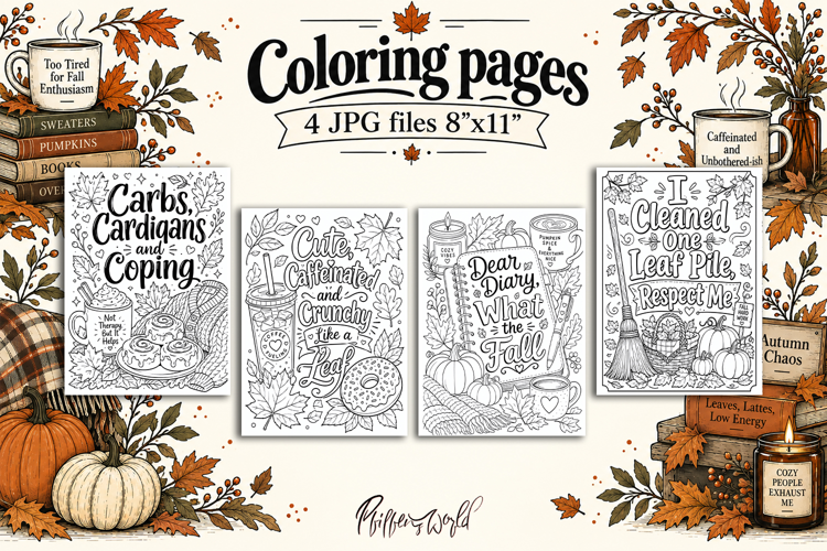 Funny Fall Adult Coloring Pages |Cozy Coffee & Pumpkin Quote