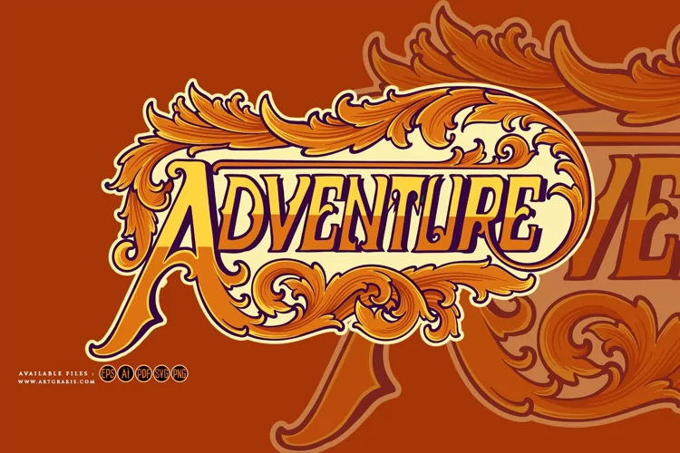 Adventure typeface word with classic ornament logo SVG