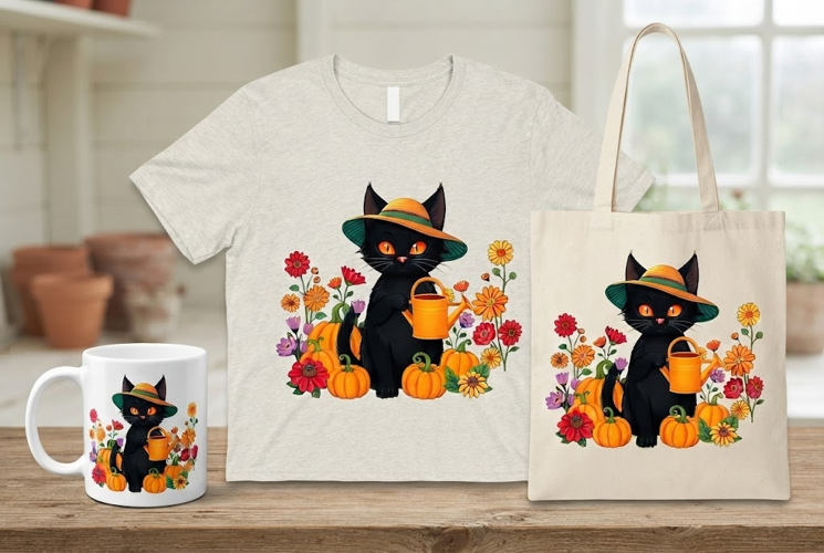 Halloween Black Cat Gardener PNG | Pumpkin Flower Clipart