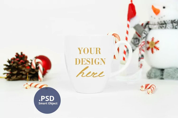 Christmas Bistro mug mockup, White coffee mug mock up PSD