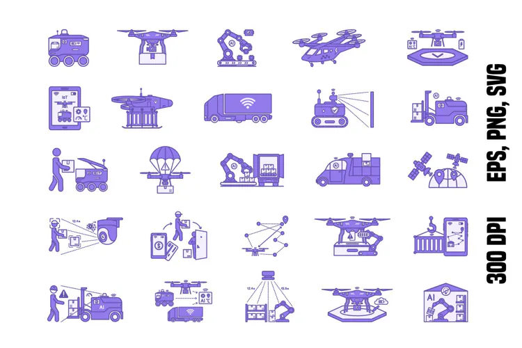Purple Autonomous Logistics and Drone Delivery Icons
