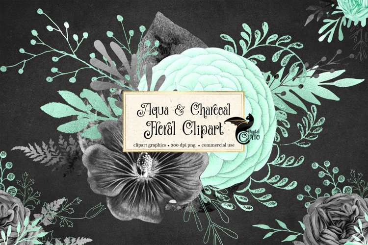 Aqua and Charcoal Floral Clipart example image 1