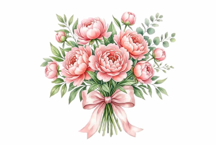 Watercolor soft pink peony bouquet with green leaves