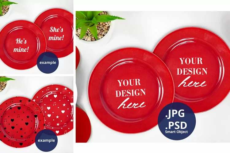 2 Red Plates Mockup Valentine's Day, Full Wrap PSD mockup
