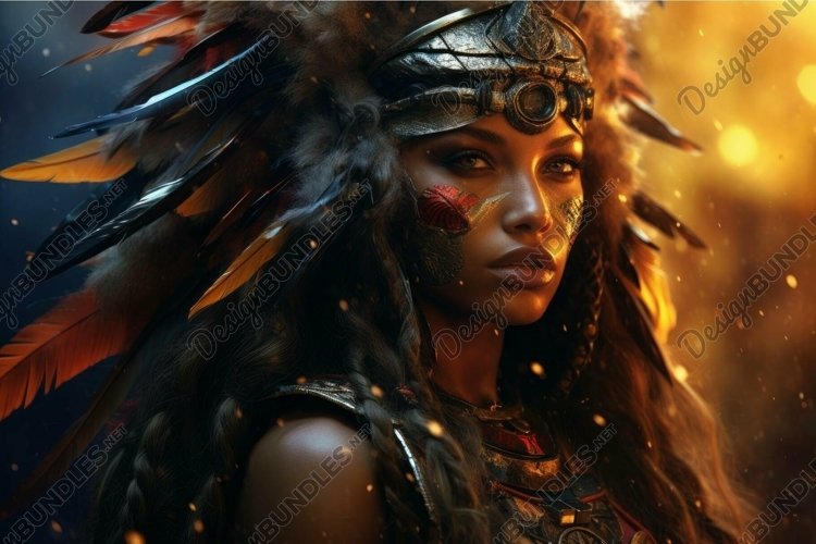 Mystic tribal warrior woman in golden light example image 1