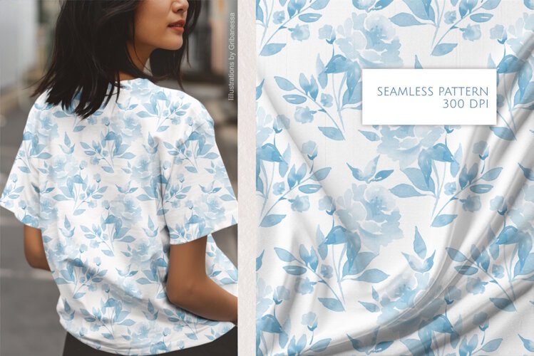 Aesthetic Blue Watercolor Floral Pattern example image 1