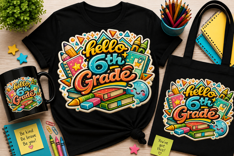 Hello 6th Grade PNG | Back to School Sublimation Design