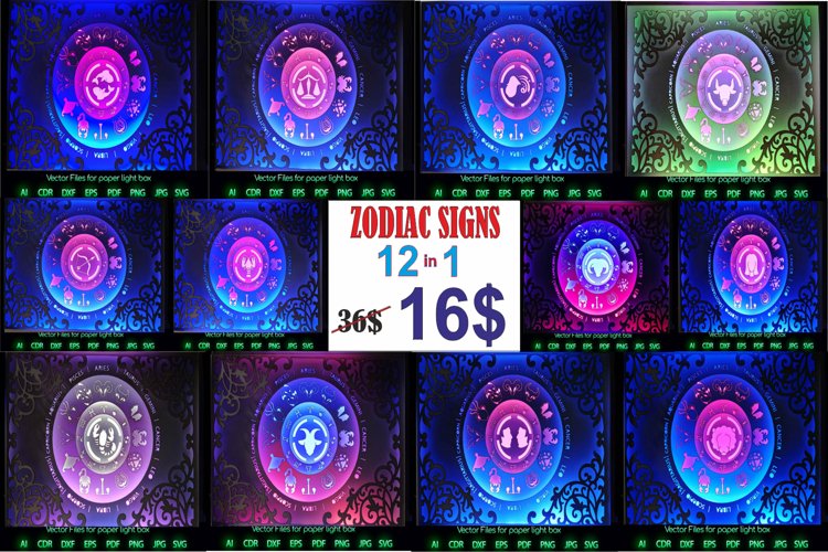 Zodiac sign 12-1 Light box PNG SVG DXF CDR template Papercut example image 1