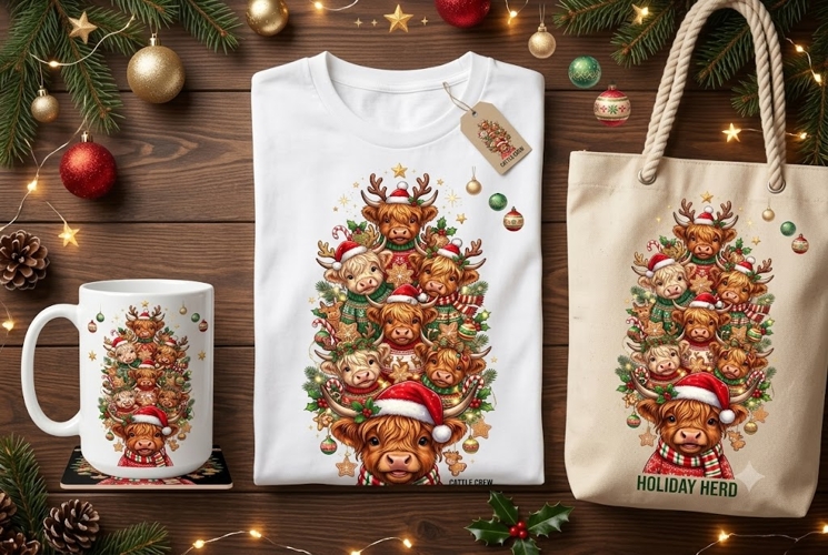 Highland Cow Christmas Tree PNG | Cute Xmas Cow Sublimation