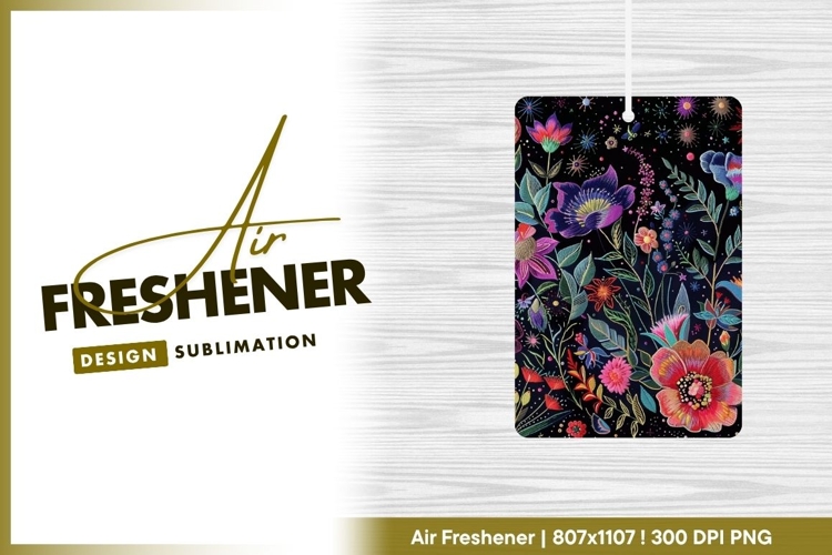 Colorful embroidered floral pattern on black air freshener