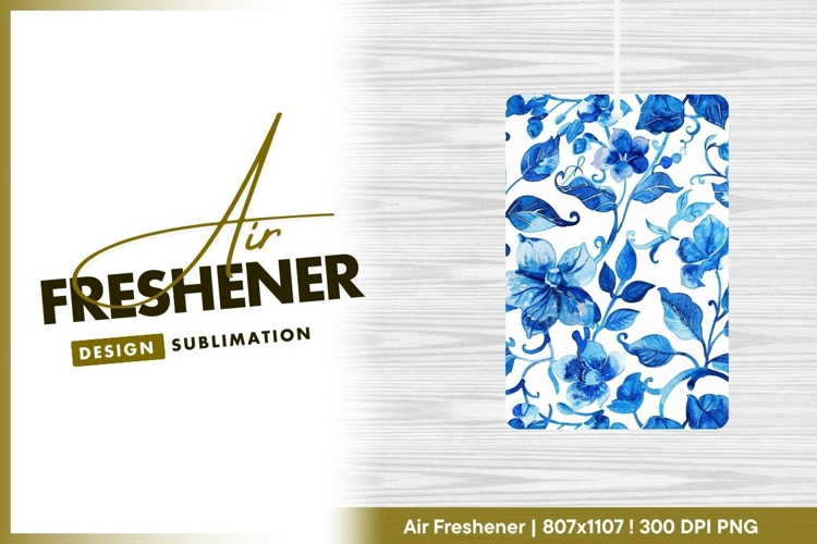 Blue floral watercolor pattern on white air freshener design