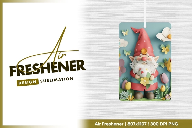 Cute gnome holding easter egg among flowers air freshener