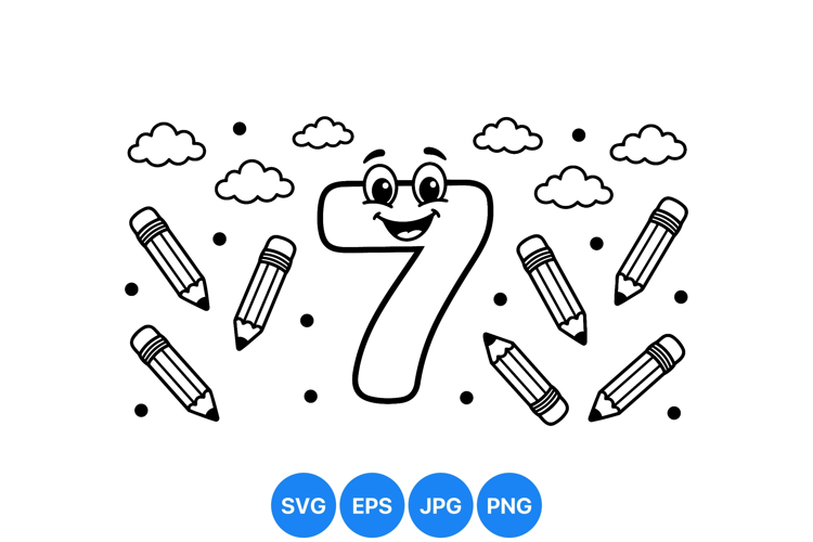 Smiling Number Seven Kids Coloring Illustration