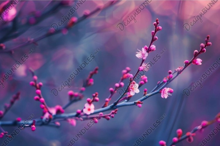 Branch of blooming pink flowers on blurred background