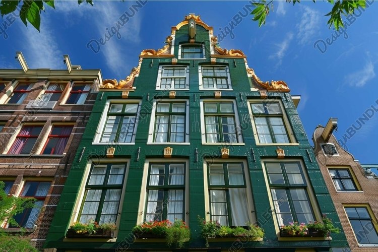 Traditional dutch houses facade in amsterdam with green wall example image 1