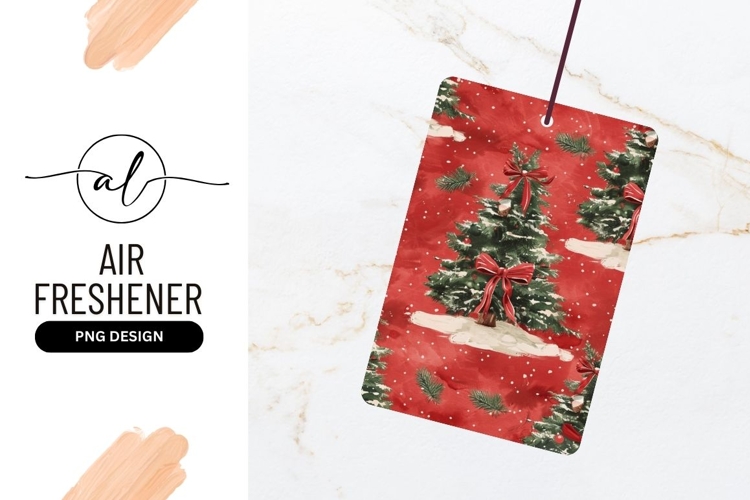 Watercolor Christmas Trees with Red Bows and Snow on Red