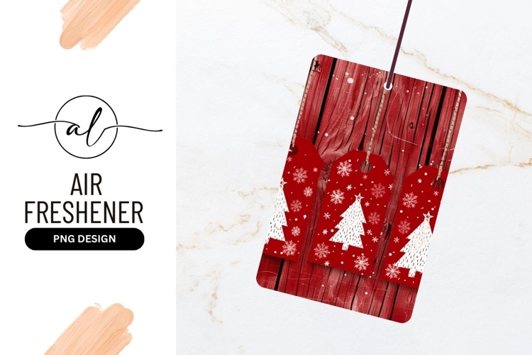 Red Christmas Tags with White Trees and Snowflakes on Wood