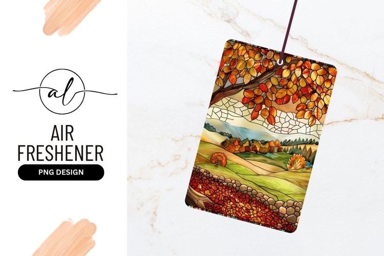 Stained Glass Autumn Landscape with Trees Leaves and Rolling