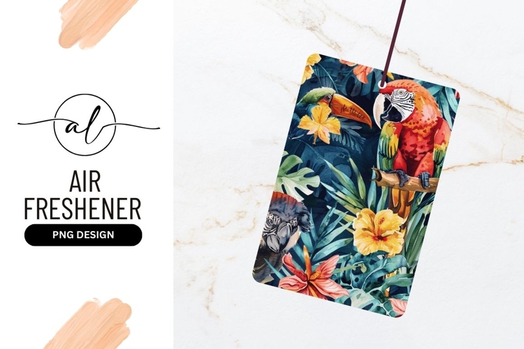 Watercolor illustration of parrots toucan and tropical