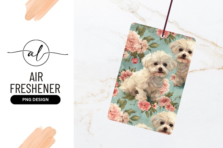 White Maltese Puppies with Pink Flowers on a Light Blue