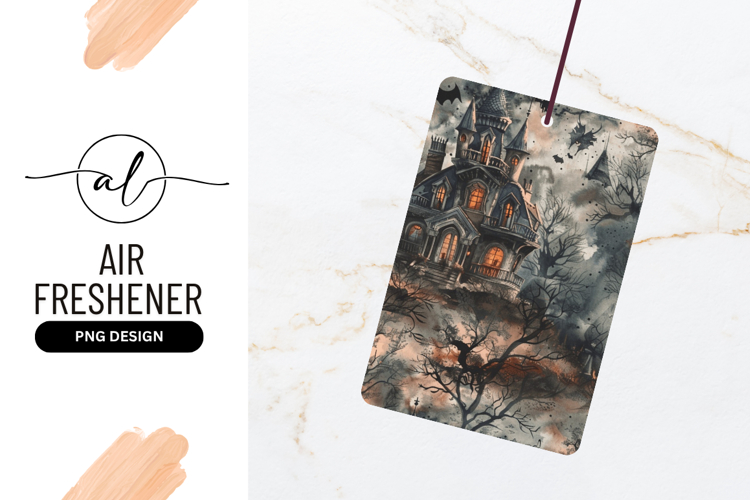 Spooky Watercolor Haunted House with Bats and Bare Trees