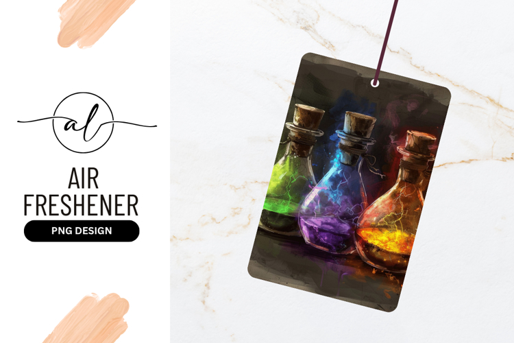 Three Colorful Magic Potions in Glass Bottles with Corks