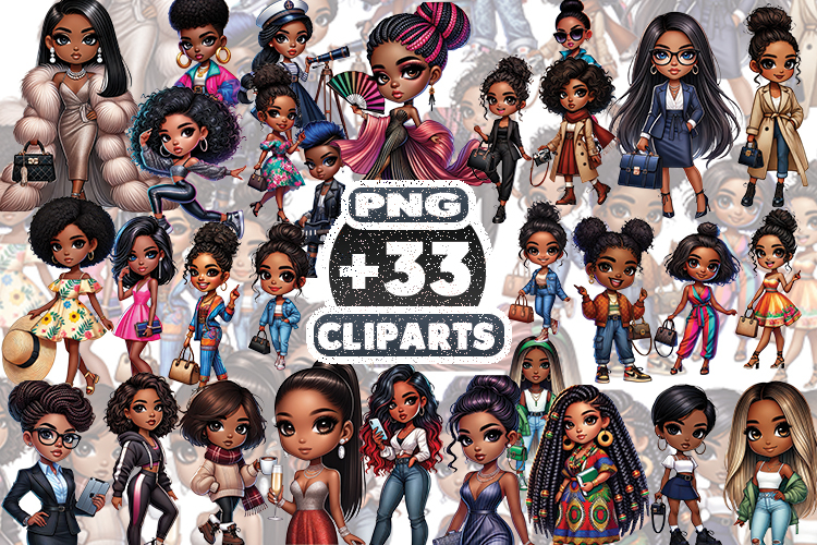Afro Chibi Girls Fashion Clipart, Cute Black Girl PNG Bundle