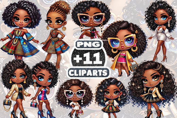 Afro Chibi Girls Fashion Clipart, Cute Black Girl PNG Bundle