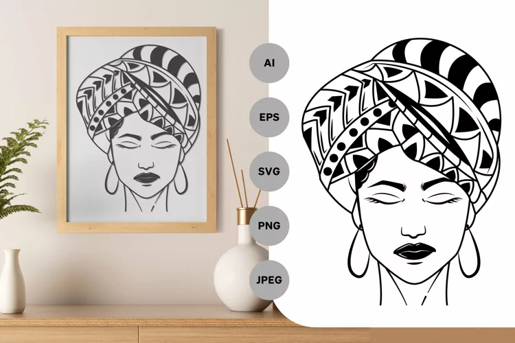 Woman Portrait in Traditional Turban and Big Earrings SVG