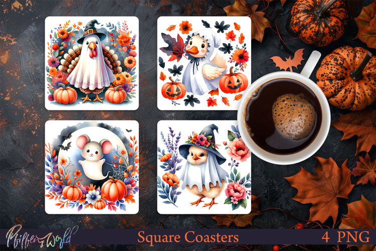Halloween Square Coasters | Chick and duck