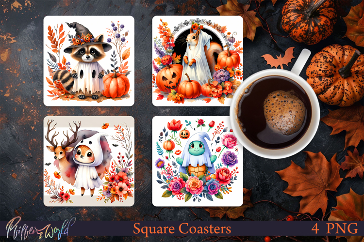 Halloween Square Coasters | Racoon and Deer